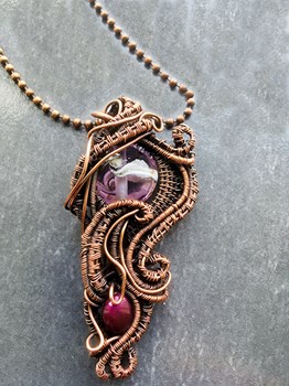 Large Copper Wire Weave Pendant with Handmade Lampwork Bead