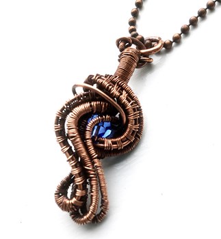 Copper Wire Weave Twist Pendant With Blue Swarovski Crystal