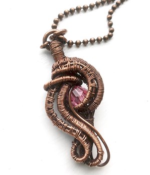 Copper Wire Weave Twist Pendant With Pink Swarovski Crystal