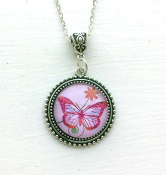Antique Silver Pink Butterfly Pendant
