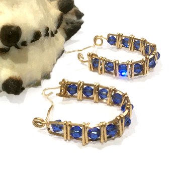 14k Gold Filled Swarovski Sapphire  Blue Crystal Hoop Earrings