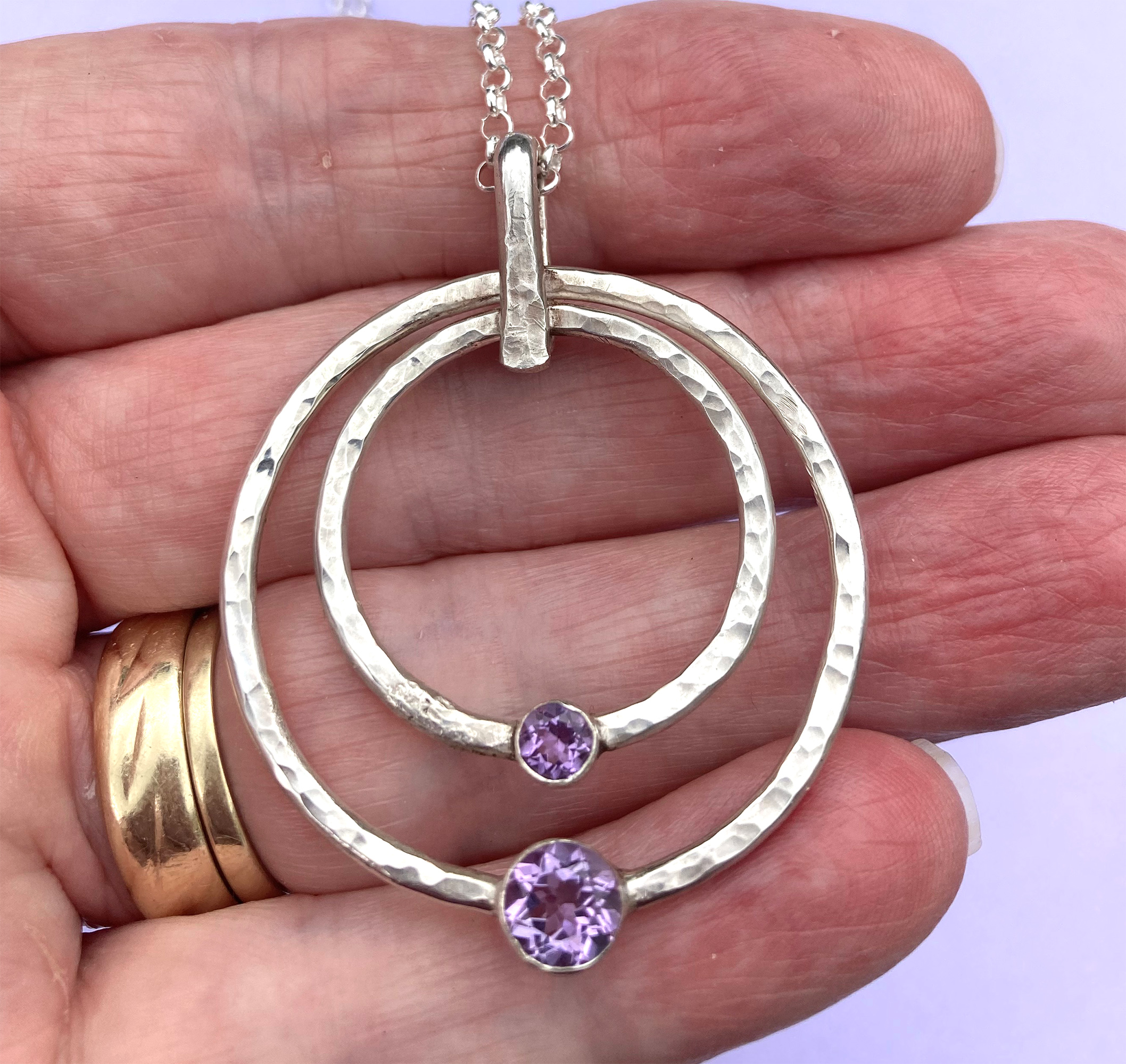 Hammered Sterling Silver and Amethyst Circle Pendant Necklace