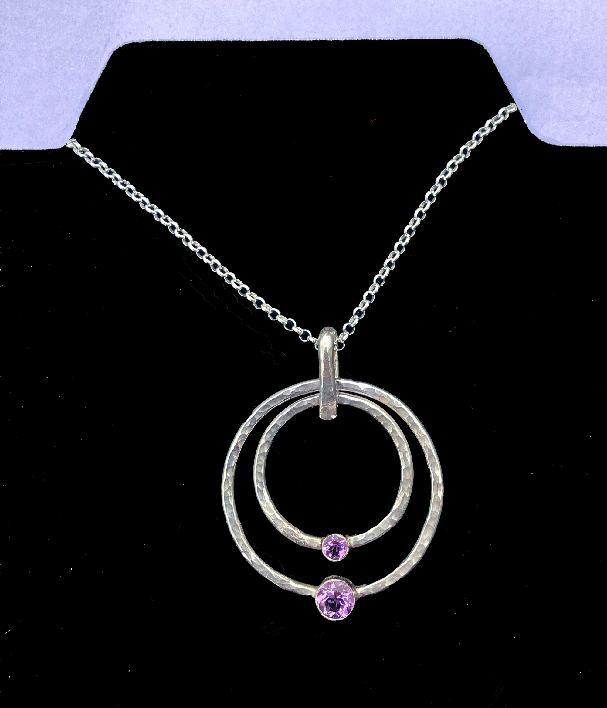 Hammered Sterling Silver and Amethyst Circle Pendant Necklace