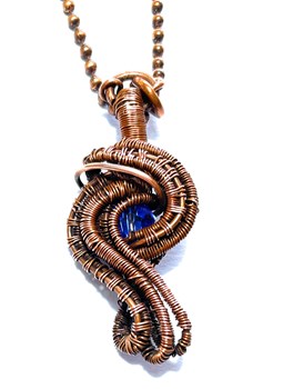 Copper Wire Weave Twist Pendant With Blue Swarovski Crystal